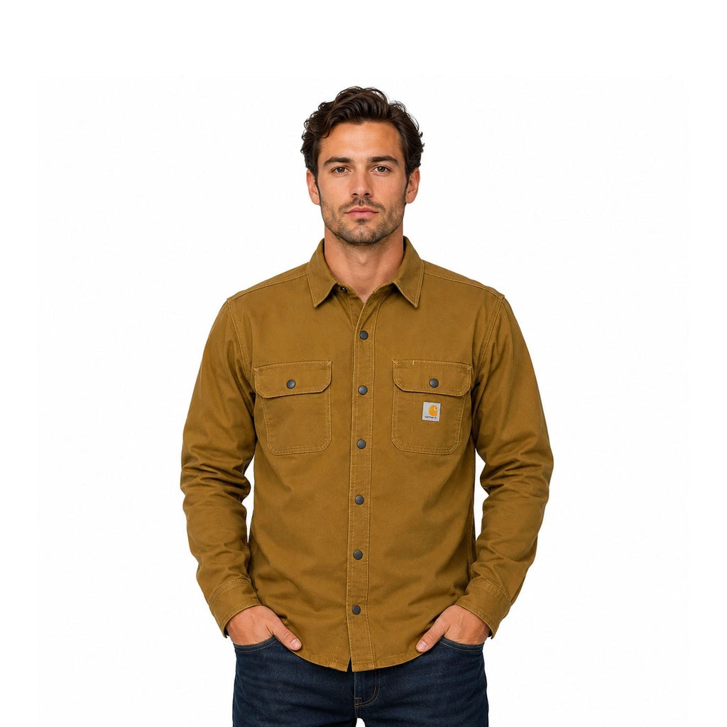 Carhartt Men′s Brown Jacket Rugged Flex Canvas Fleece Lined Shirt L/S (S53)