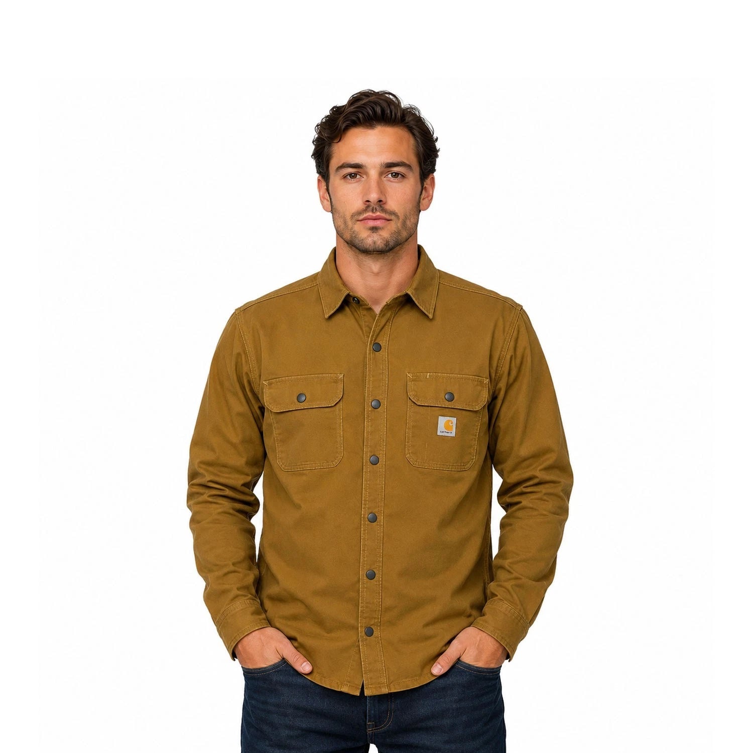 Carhartt Men′s Brown Jacket Rugged Flex Canvas Fleece Lined Shirt L/S (S53)