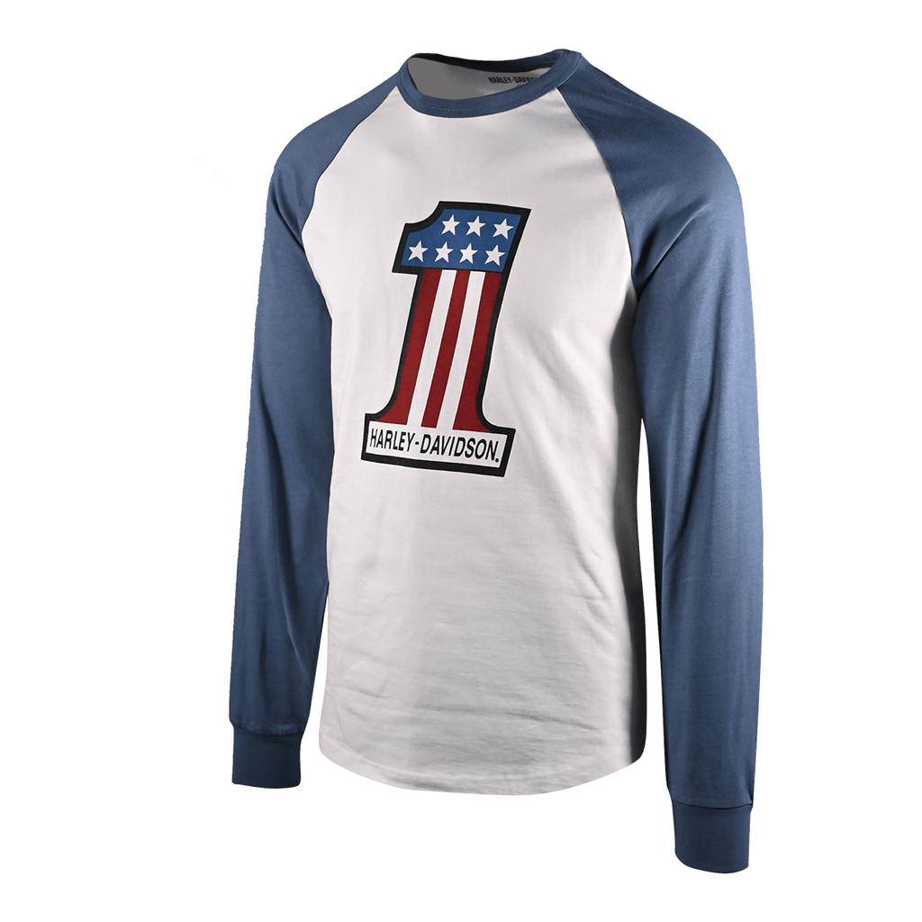 HD Branded Men's T-Shirt Blue #1 Race Raglan Graphic Long Sleeve (S28)