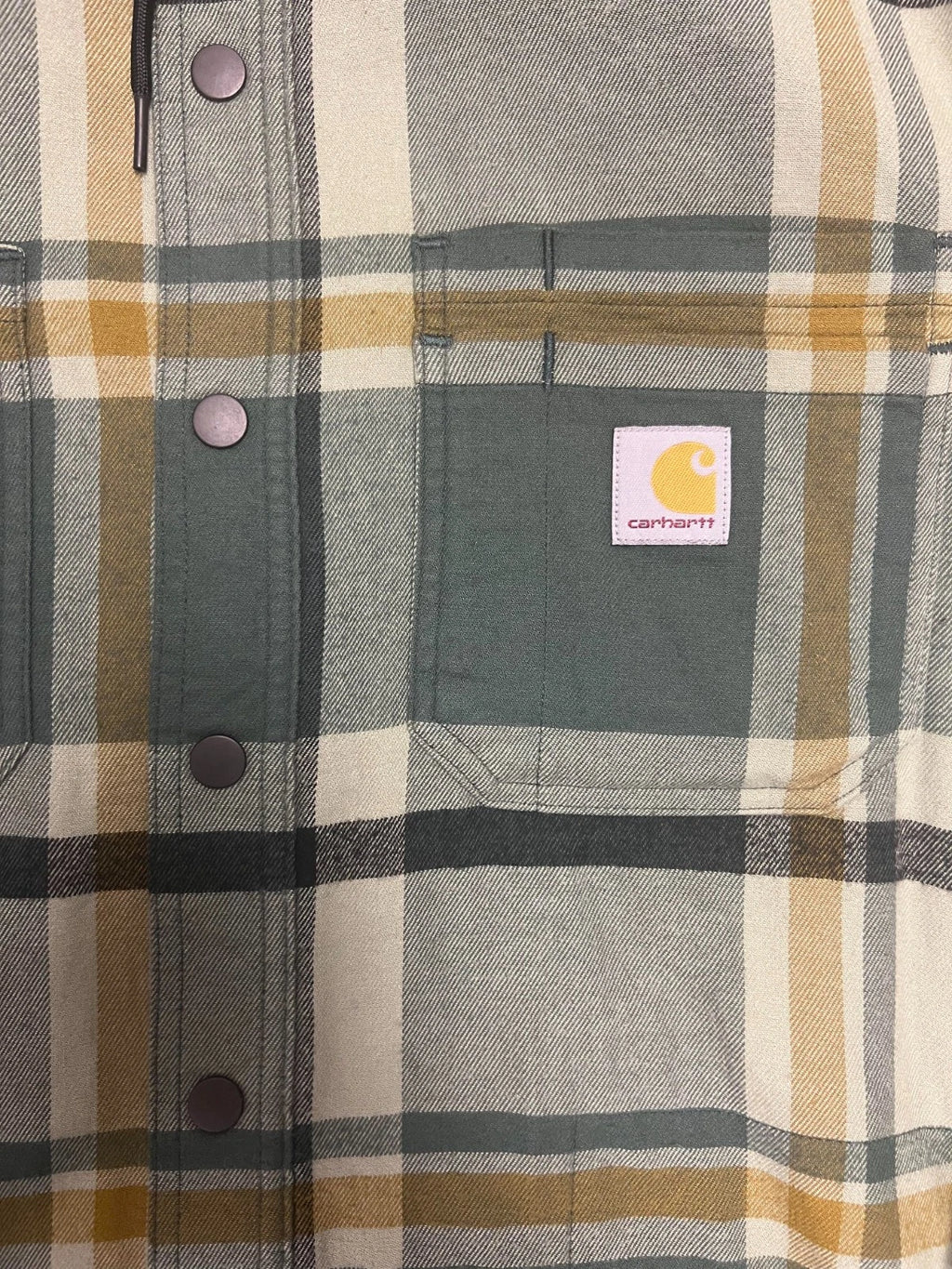 Carhartt Men's Green Shirt Rugged Flex Hooded Plaid Fleece Lined Shacket (S049)