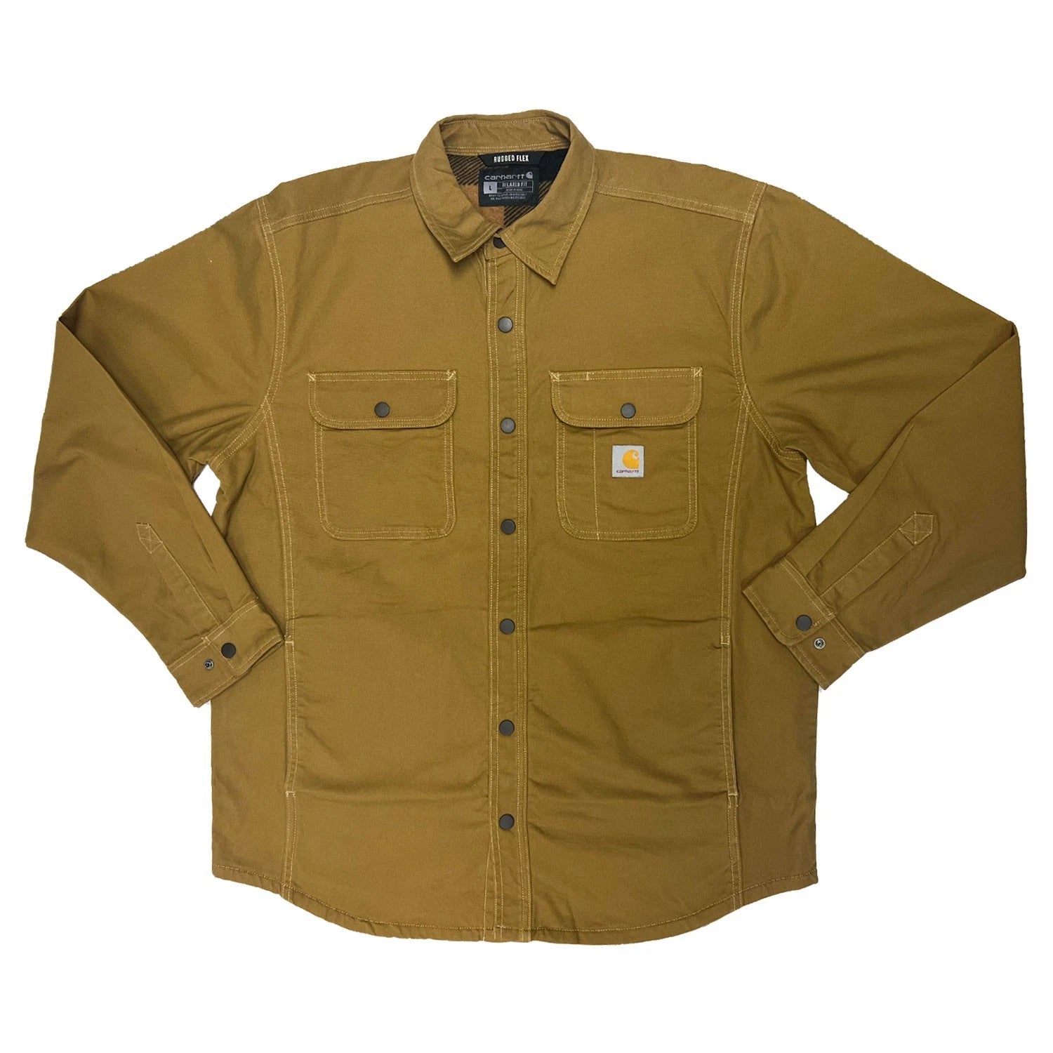 Carhartt Men′s Brown Jacket Rugged Flex Canvas Fleece Lined Shirt L/S (S53)