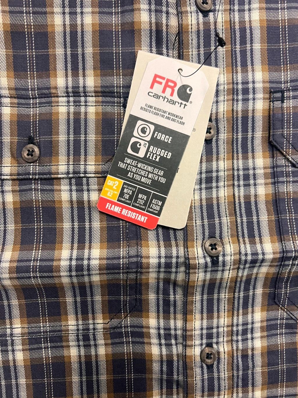 Carhartt FR Men’s Dark Brown Navy Plaid Shirt - Rugged Flex L/S CAT 2 (S375)