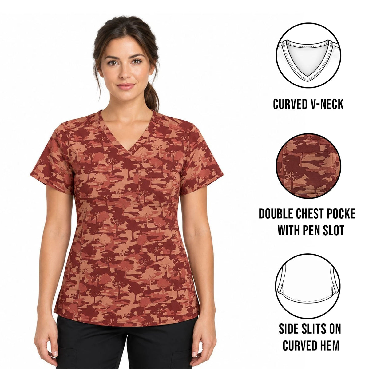 Carhartt Women's Terracotta Camouflage Scrub - V-Neck Chest Pocket Top (S49)