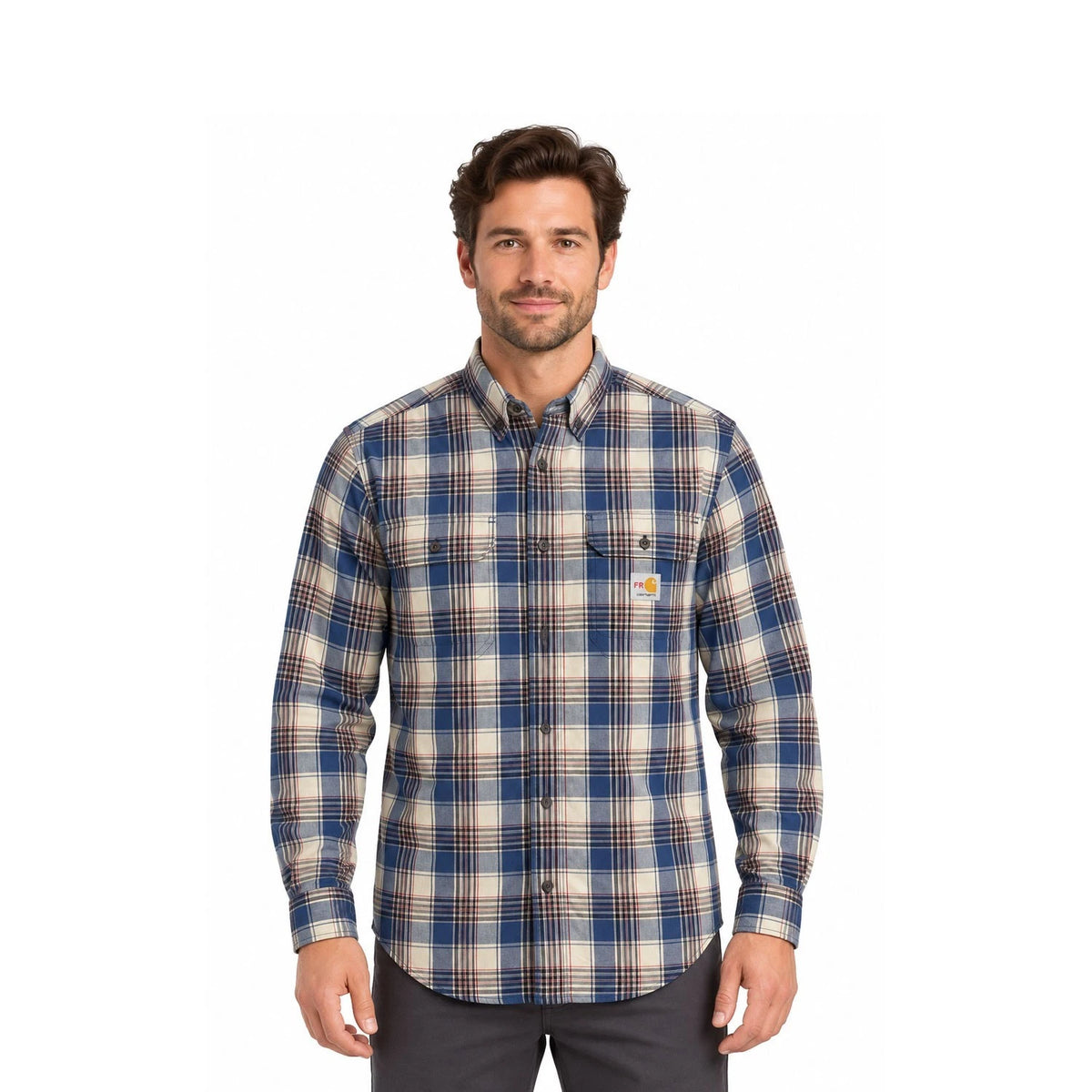 Carhartt FR Men’s Blue & White Plaid Shirt Rugged Flex Workwear L/S CAT 2 (S373)