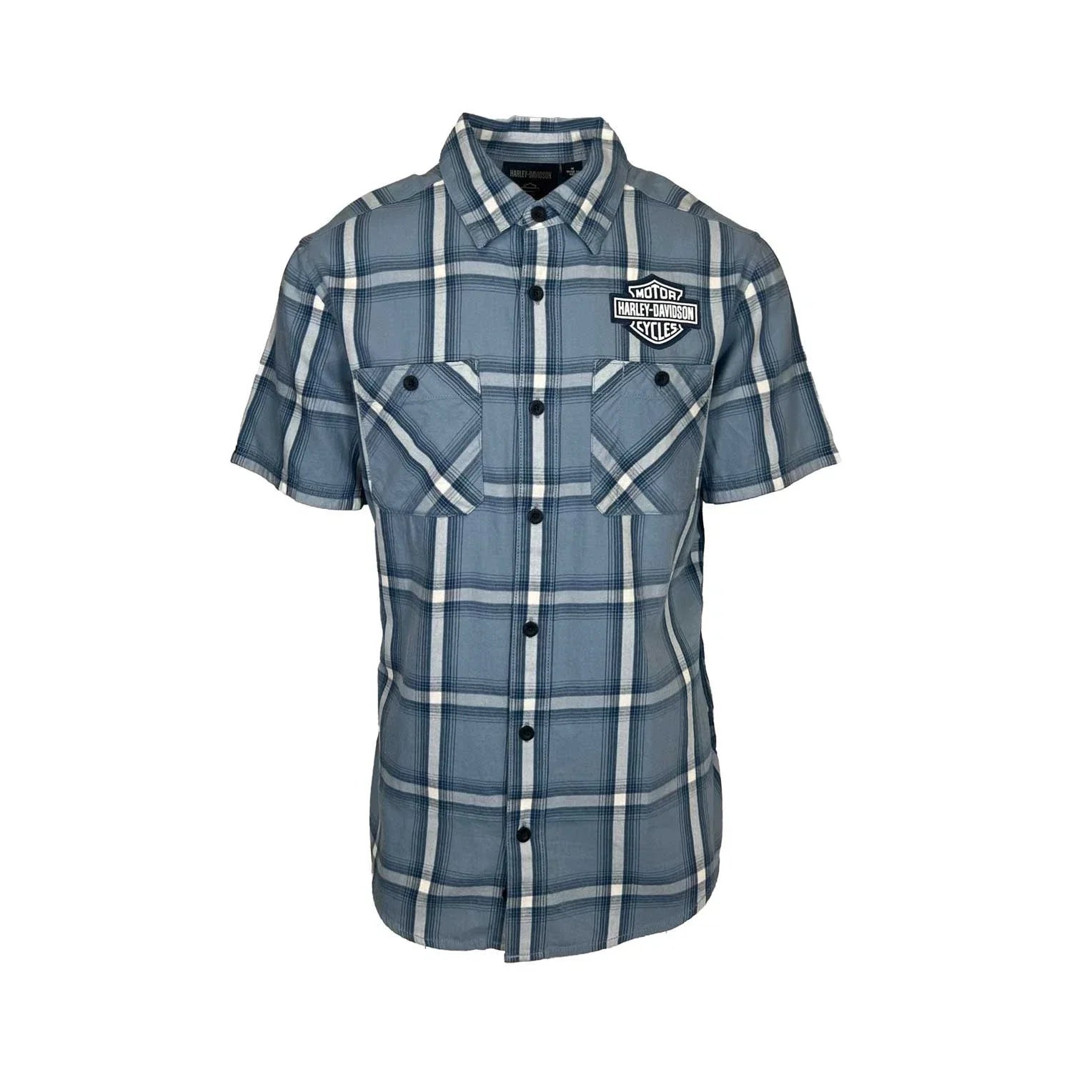 HD Branded  Men's Blue Plaid Shirt Bar & Shield Staple Short Sleeve (342)