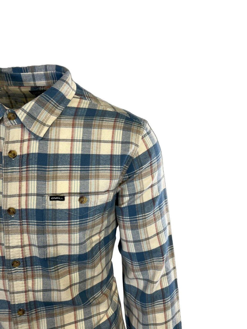 O'Neill Men's Cream Khaki Blue Shirt Redmond Plaid Stretch Flannel L/S (S34)