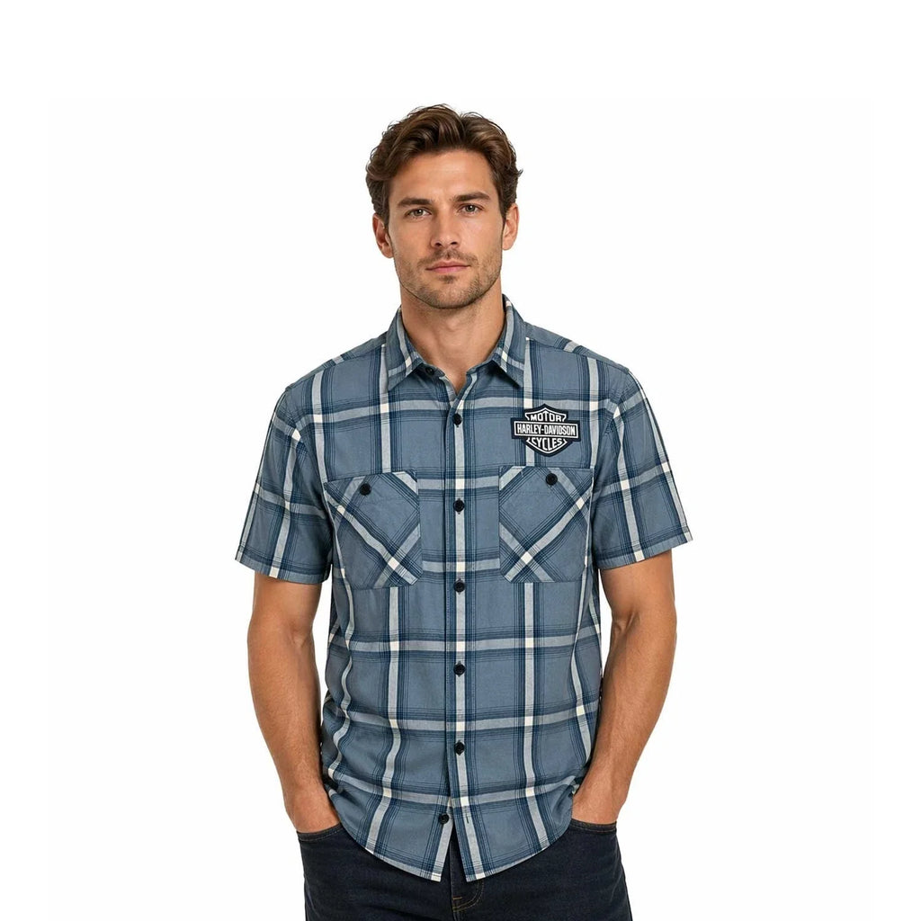 HD Branded  Men's Blue Plaid Shirt Bar & Shield Staple Short Sleeve (342)