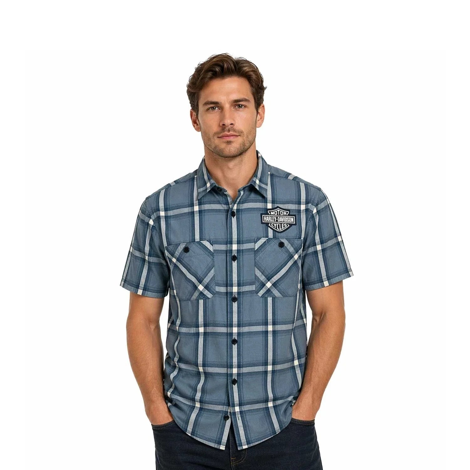 HD Branded  Men's Blue Plaid Shirt Bar & Shield Staple Short Sleeve (342)