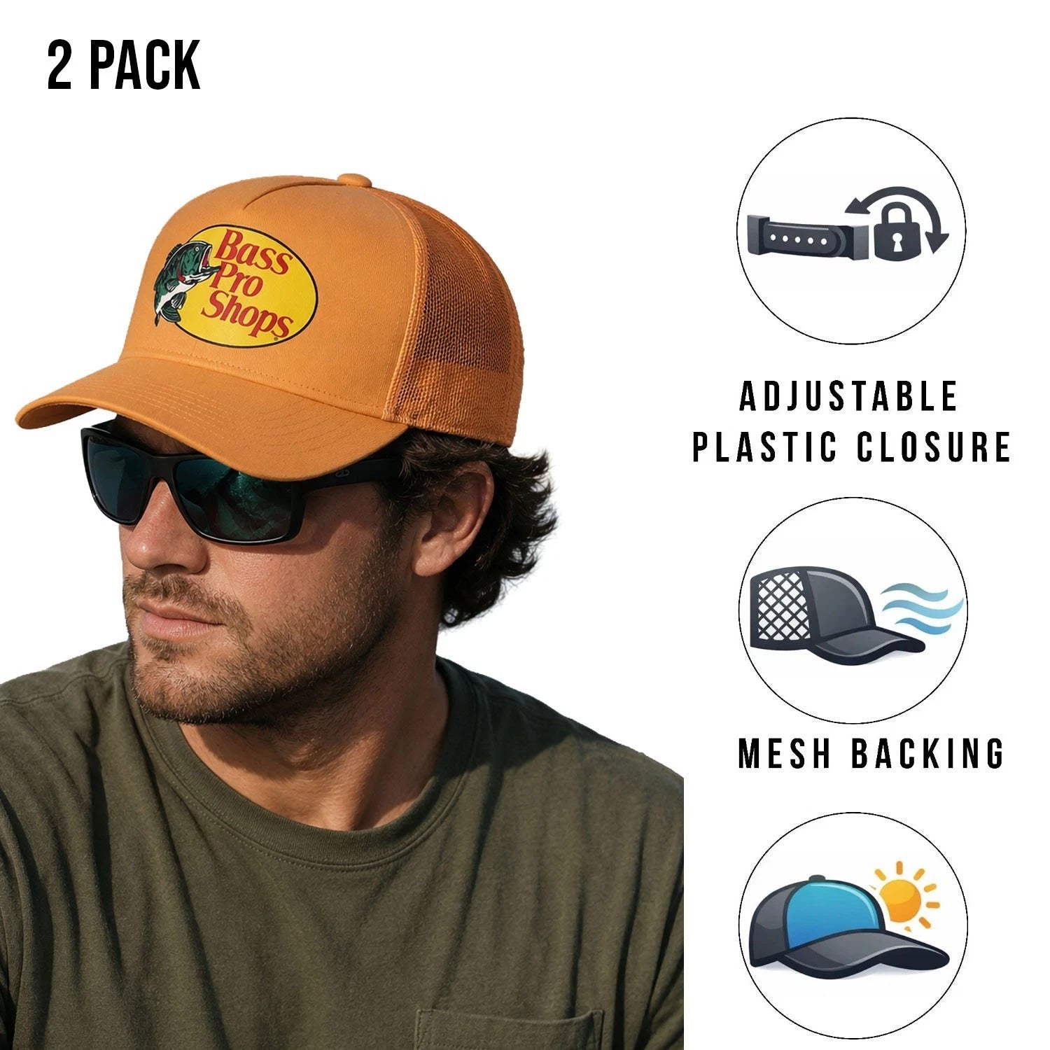Bass Pro Shops Cap Pastel Orange Snapback Outdoor Trucker Hat- 2 Pack (S10)