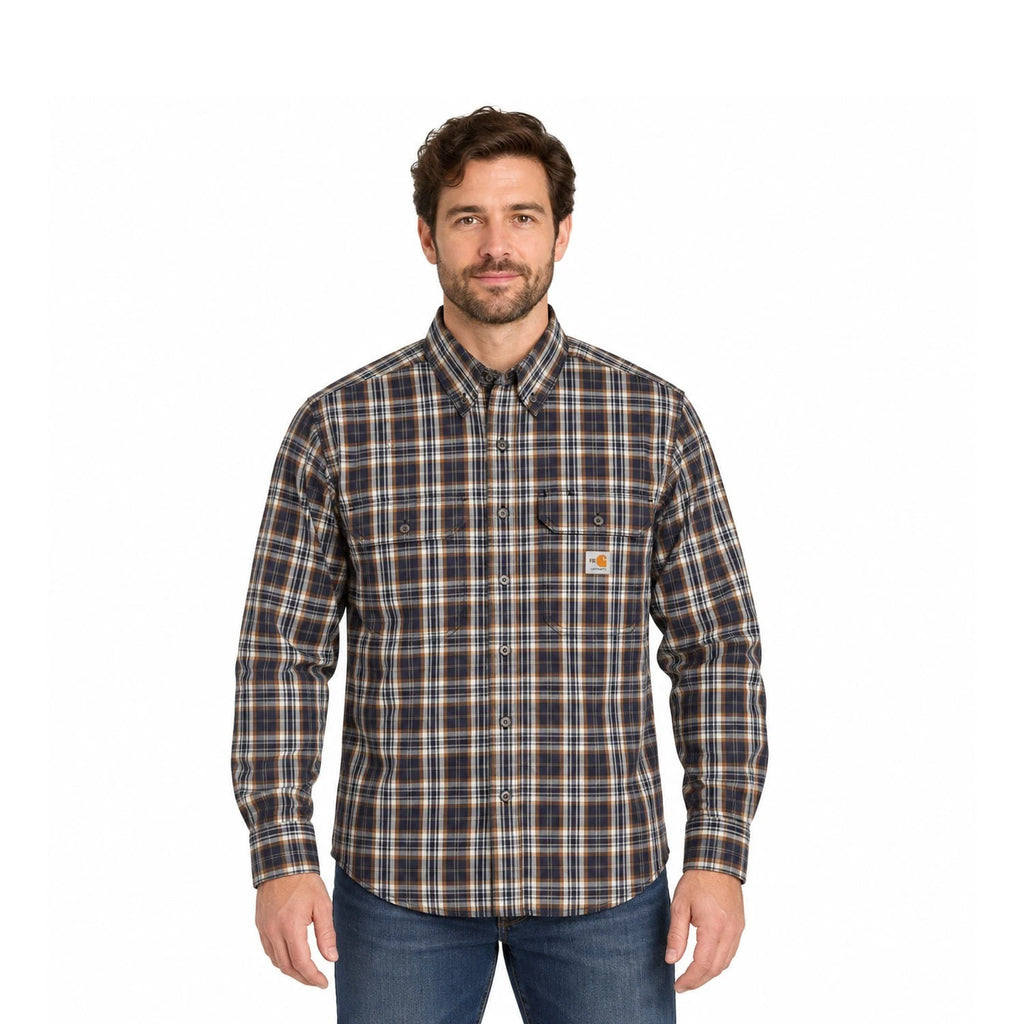 Carhartt FR Men’s Dark Brown Navy Plaid Shirt - Rugged Flex L/S CAT 2 (S375)