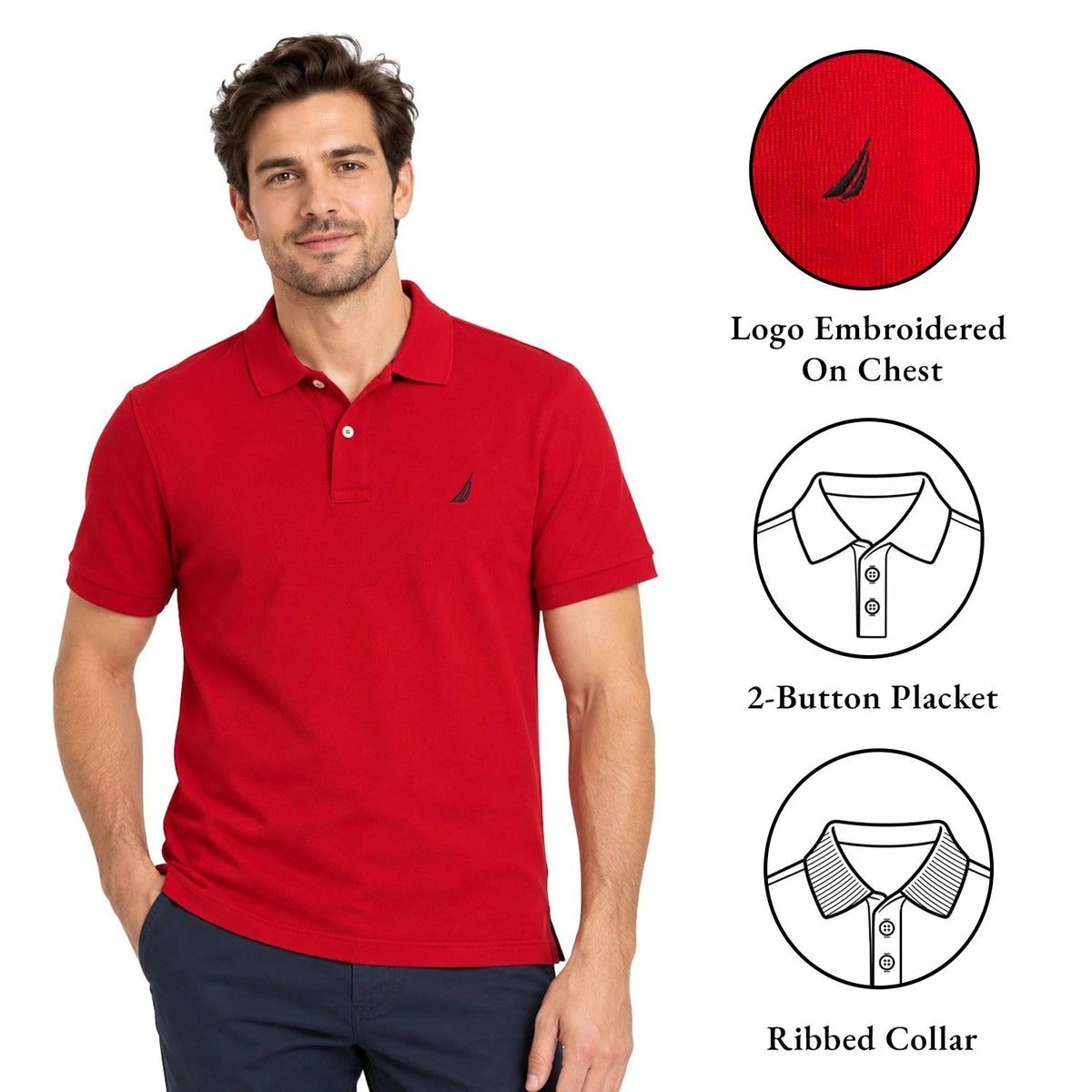 Nautica Men's Red T-Shirt - Solid Deck Polo Tee S/S (S22)