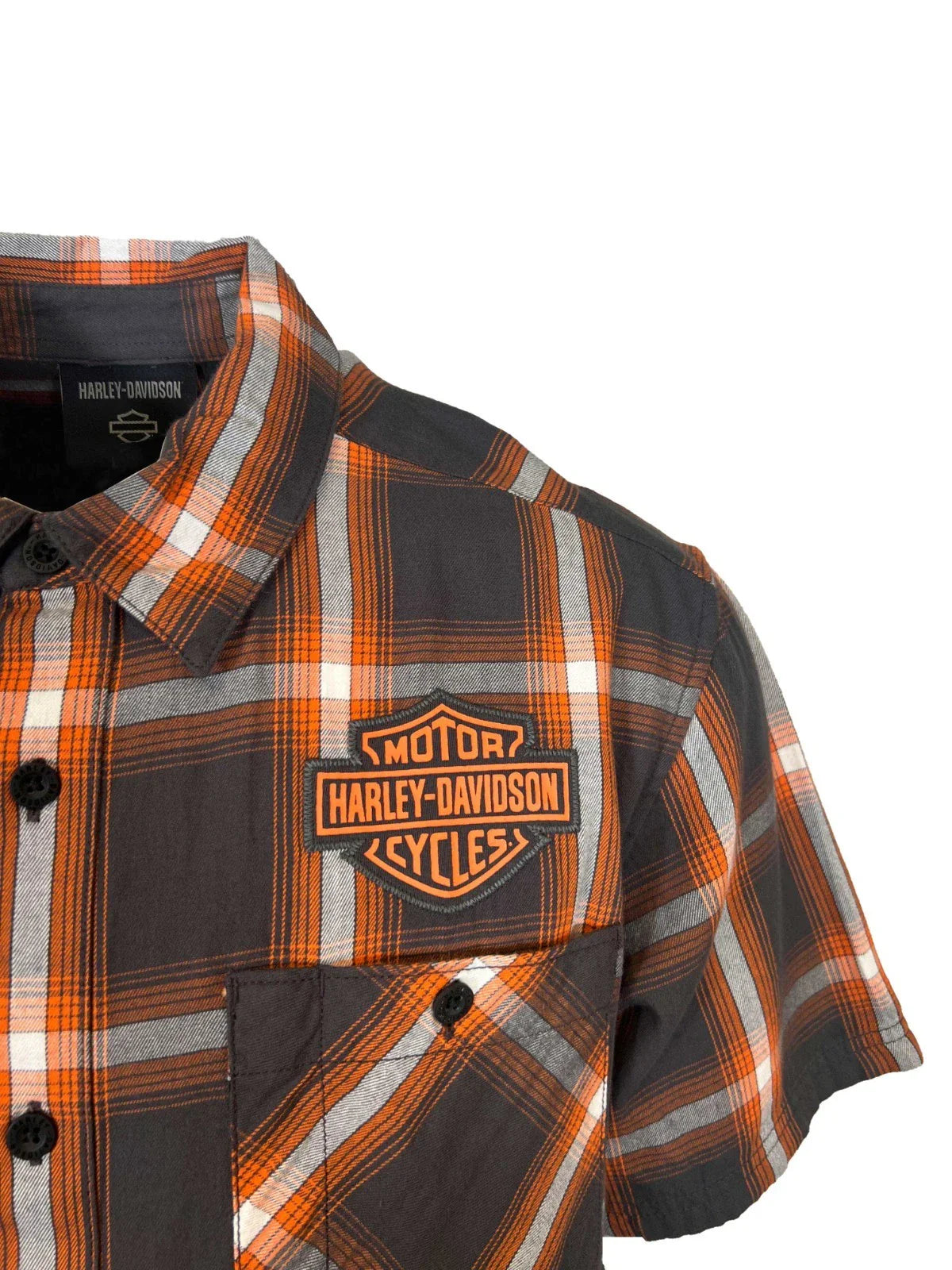 HD Branded  Men's Harley Orange Plaid Shirt Bar & Shield Staple S/S (344)