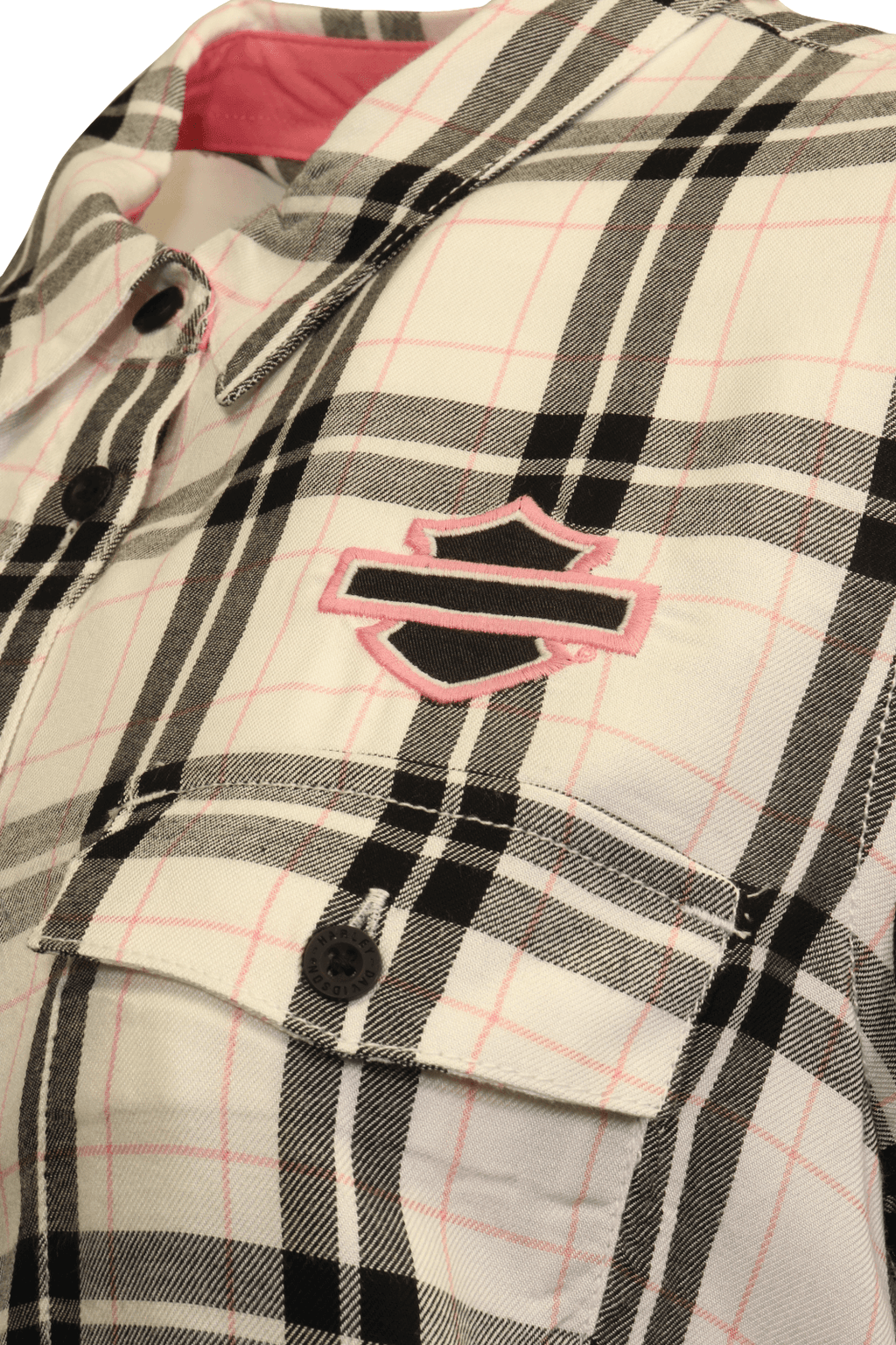 HD Branded Women's Shirt Black White Pink Plaid Text L/S Woven (S21)
