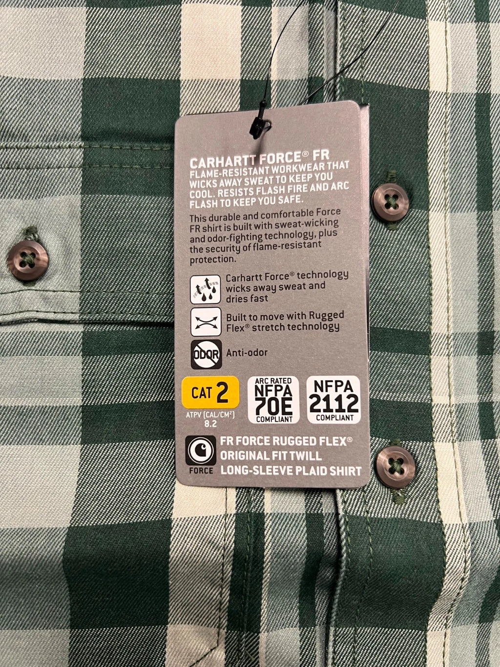 Carhartt FR Men's Dark Green Plaid Shirt -Rugged Flex Work Wear L/S CAT 2 (S374)