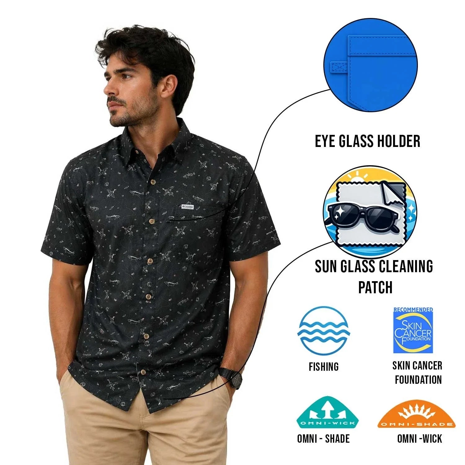Columbia Men's Black Fish Hunt Shirt Super Slack Tide S/S (007)