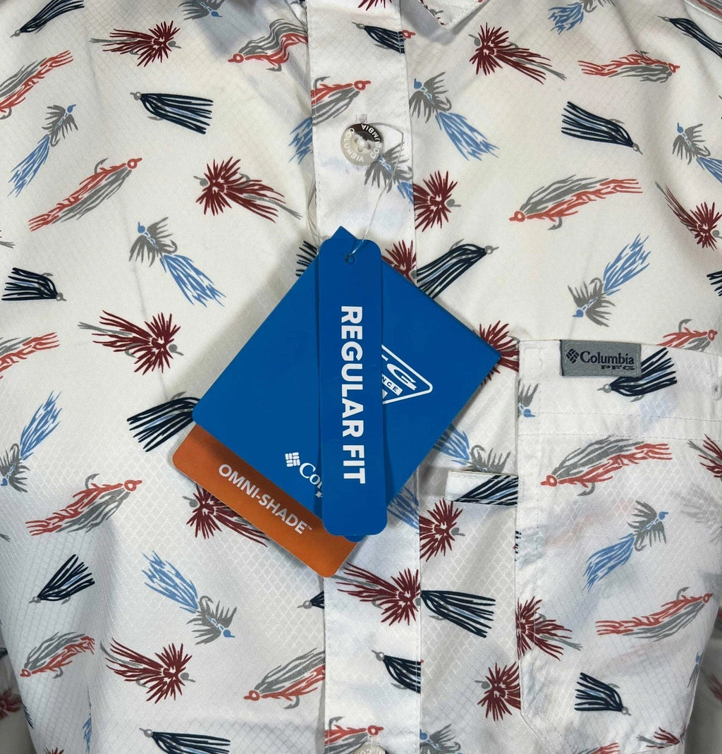Columbia Men's White Fly Pride Shirt PFG Super Slack Tide Camp S/S (111)
