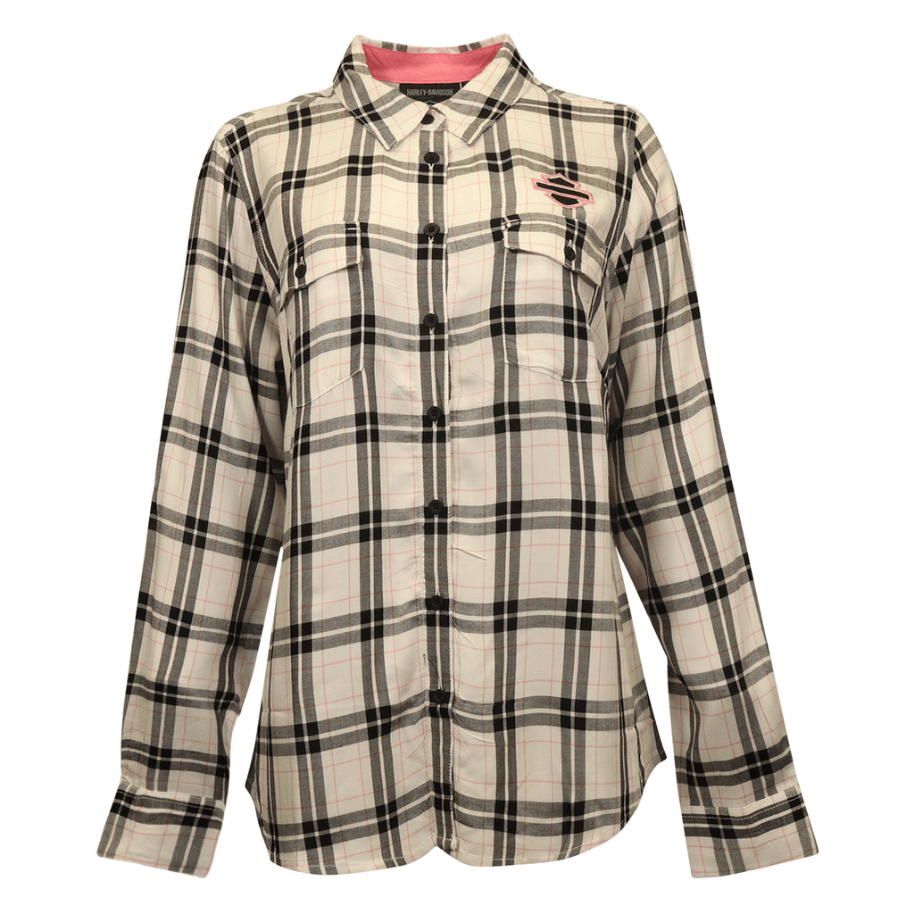 HD Branded Women's Shirt Black White Pink Plaid Text L/S Woven (S21)