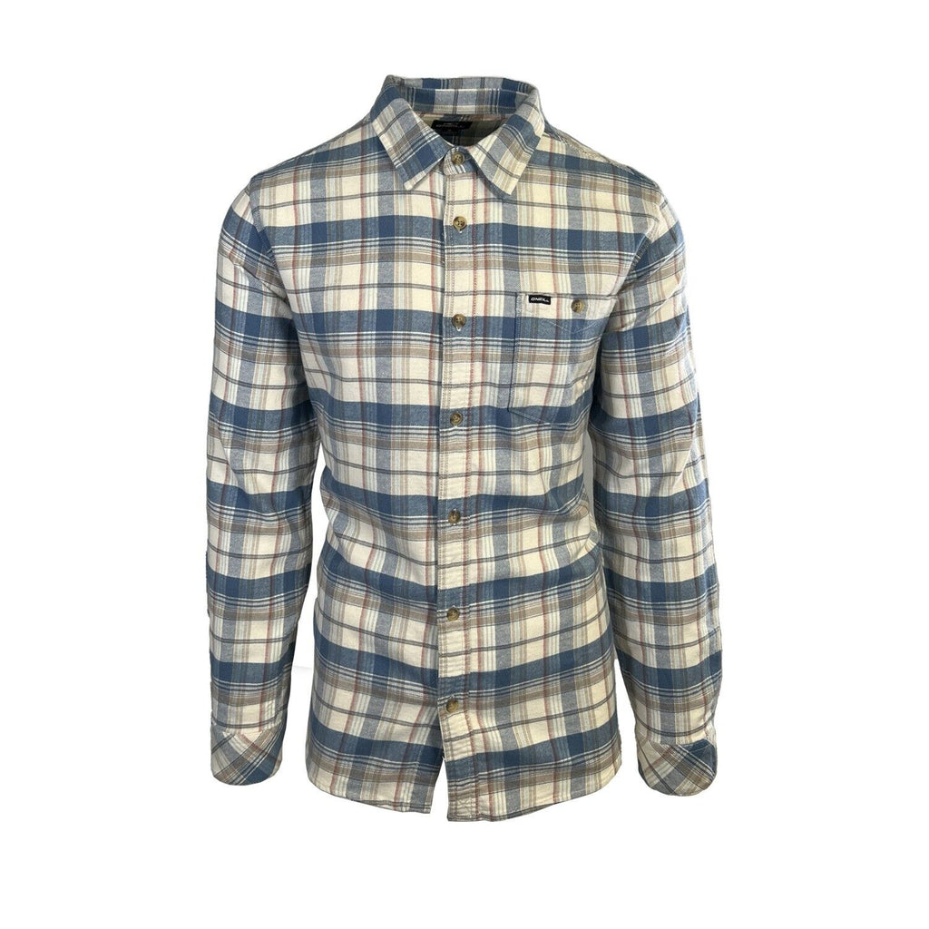 O'Neill Men's Cream Khaki Blue Shirt Redmond Plaid Stretch Flannel L/S (S34)