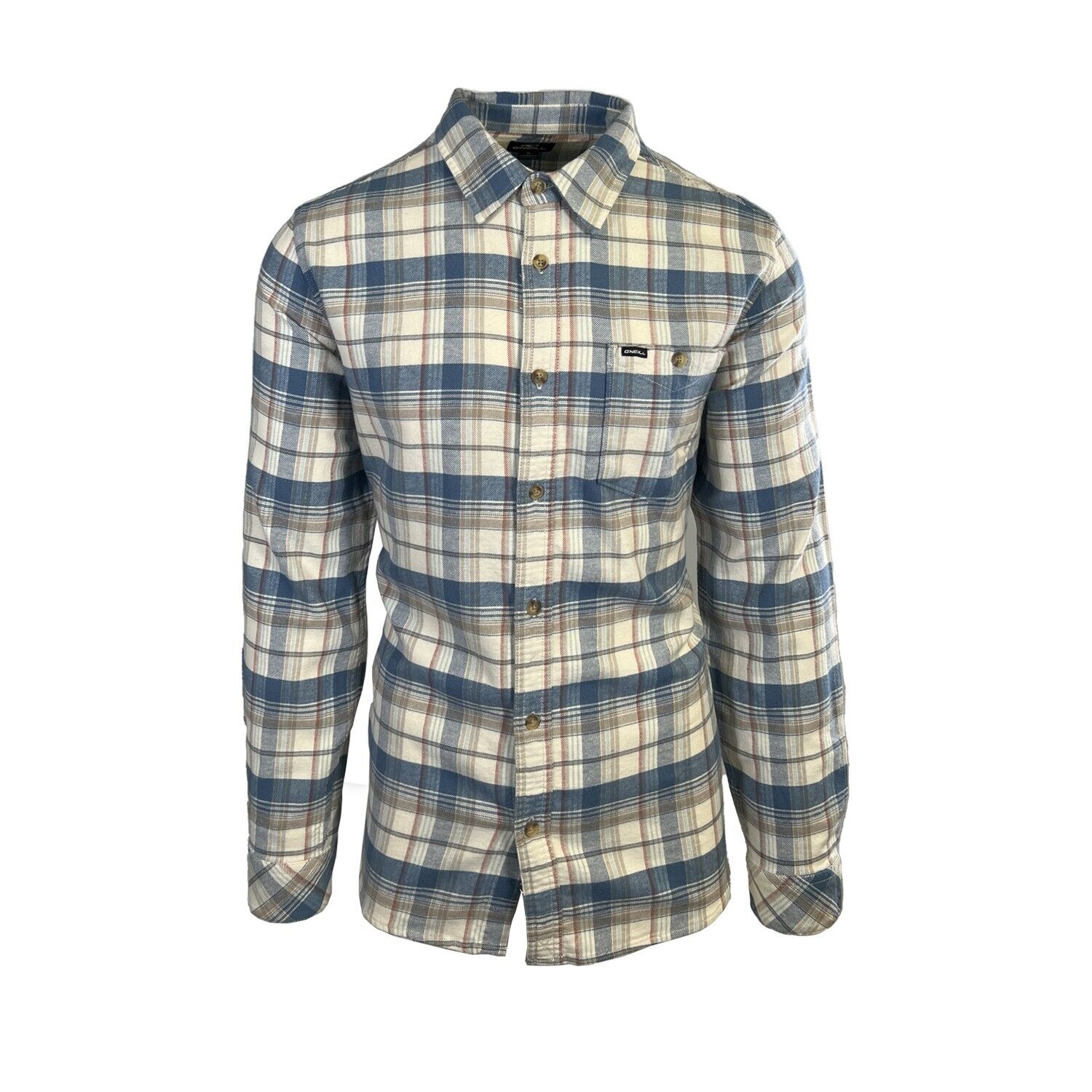 O'Neill Men's Cream Khaki Blue Shirt Redmond Plaid Stretch Flannel L/S (S34)