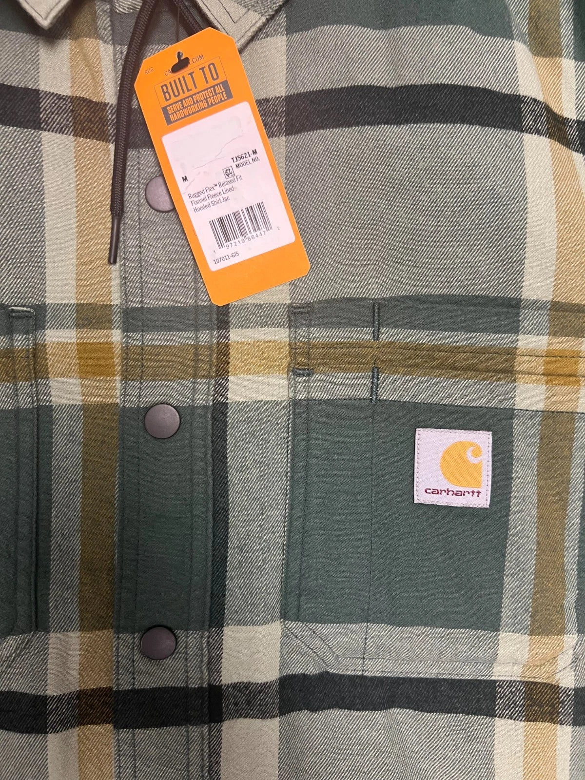 Carhartt Men's Green Shirt Rugged Flex Hooded Plaid Fleece Lined Shacket (S049)