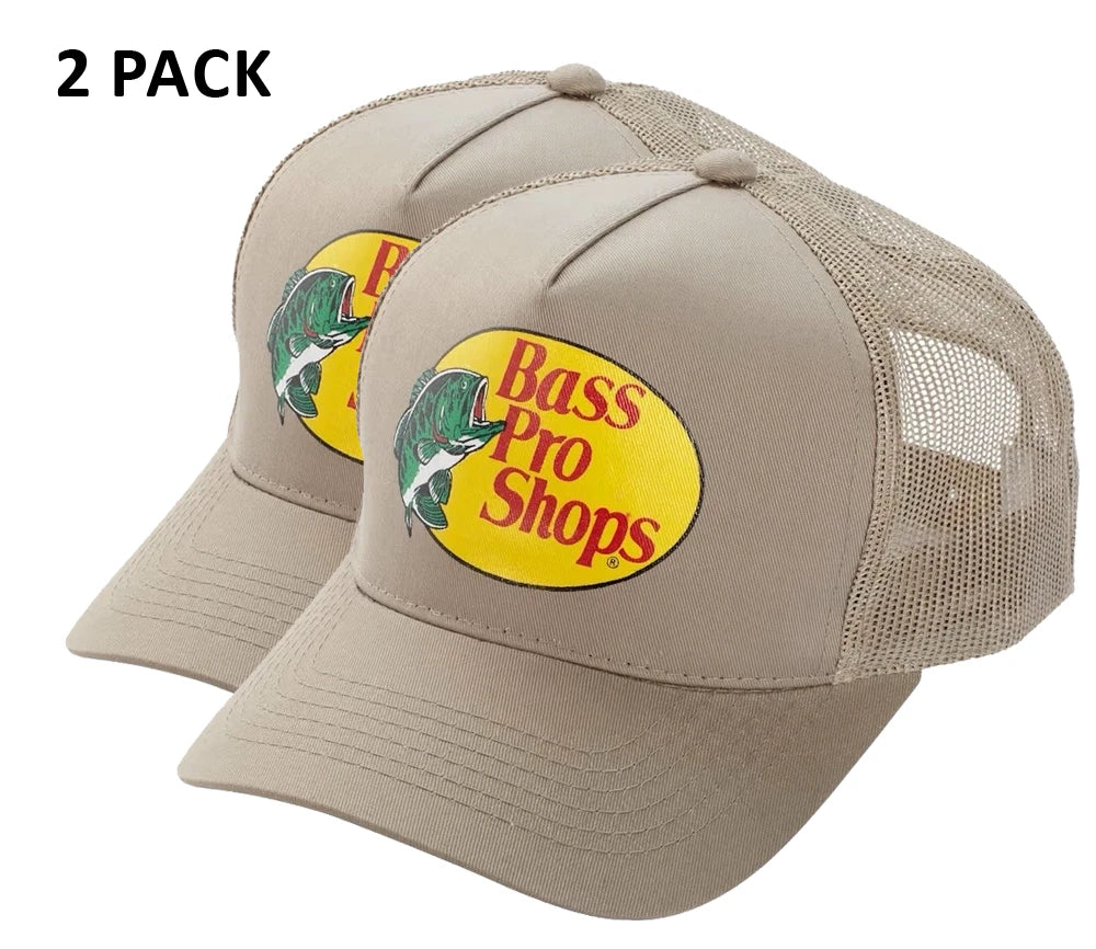 Bass Pro Shops Trucker Cap Khaki Mesh Snapback Outdoor Hat - 2 Pack (S15)