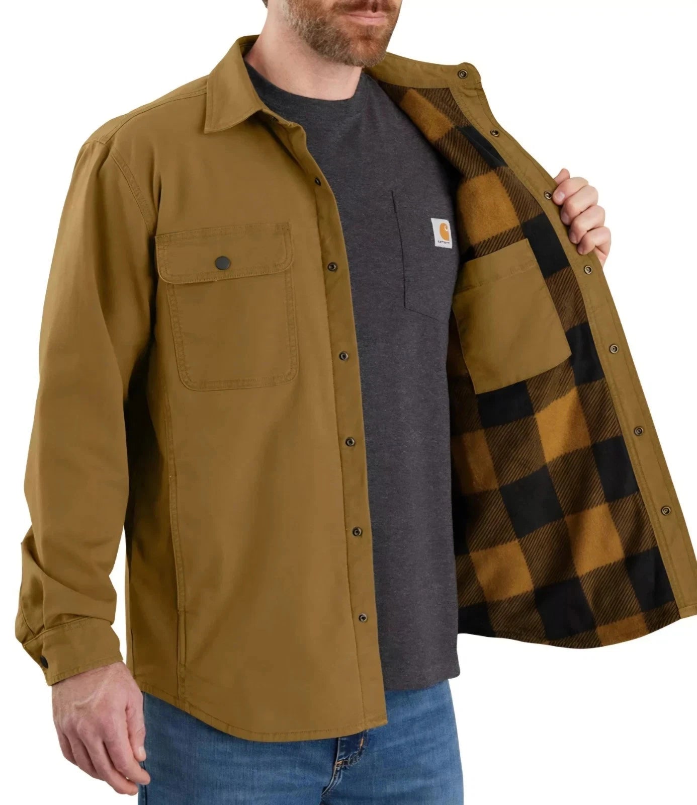Carhartt Men′s Brown Jacket Rugged Flex Canvas Fleece Lined Shirt L/S (S53)
