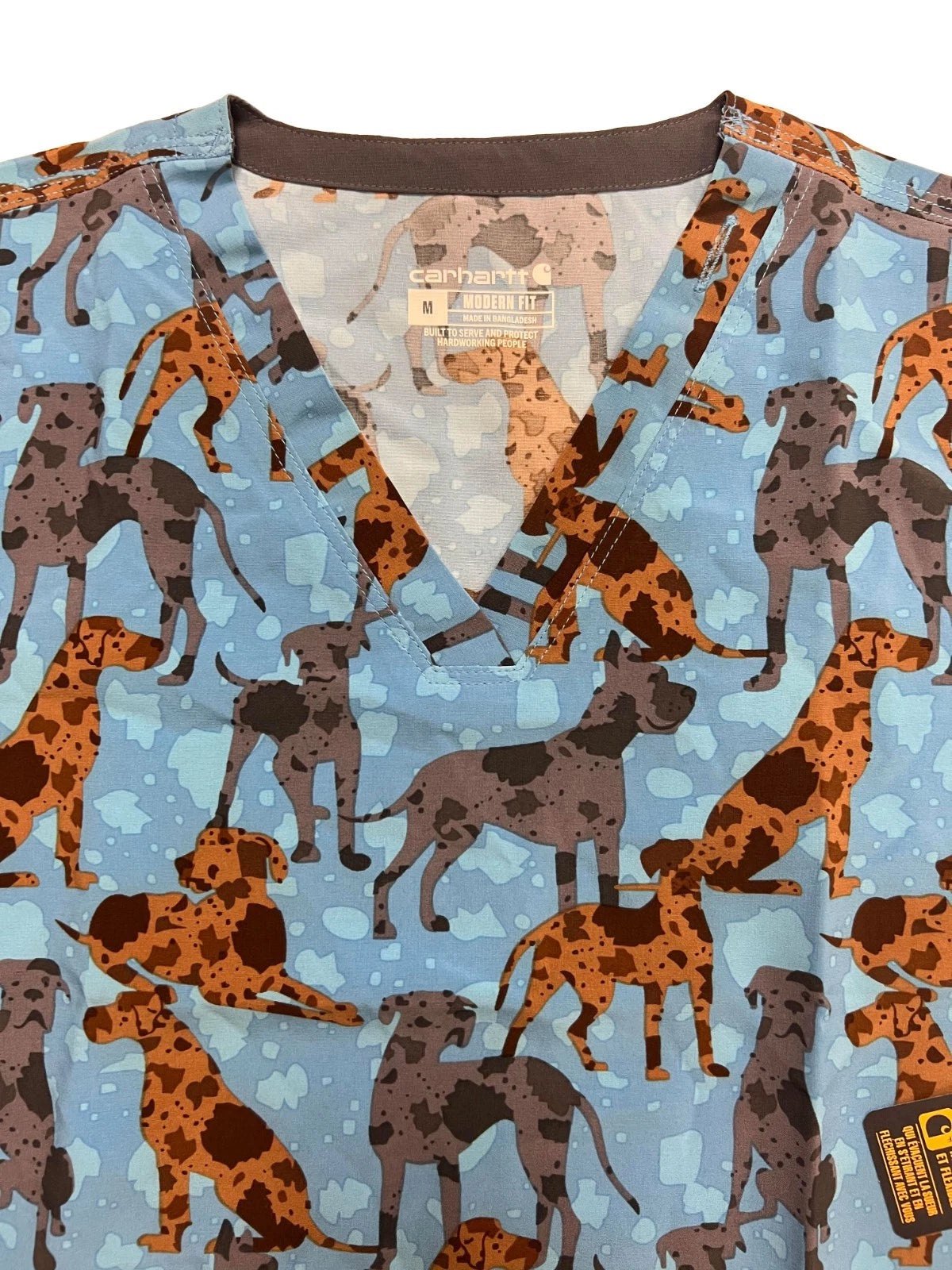 Carhartt Women's Blue Scrub - Great Gatherings Dogs Print V-Neck Top (S47)