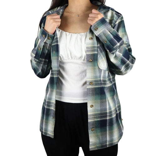 Carhartt Women's Forrest Green Navy Cream Plaid Hooded L/S Woven Shirt