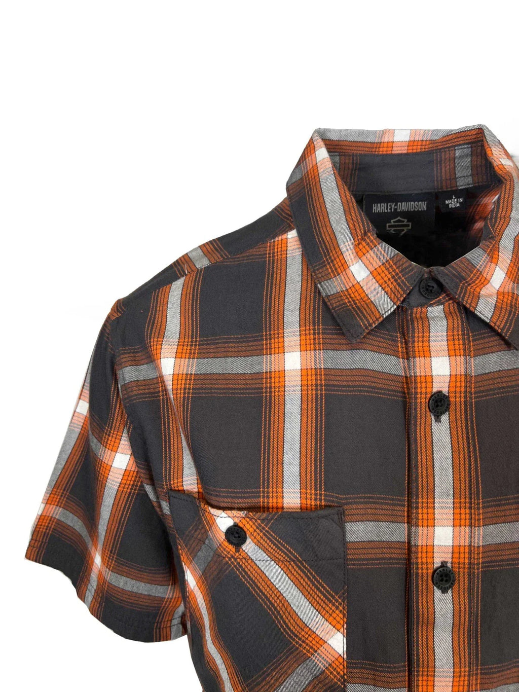 HD Branded  Men's Harley Orange Plaid Shirt Bar & Shield Staple S/S (344)