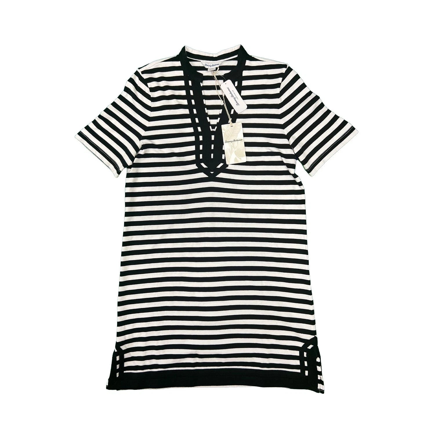 Tommy Baham Women's Black & White Dress Amira Stripe Tunic Split Neck (S08)