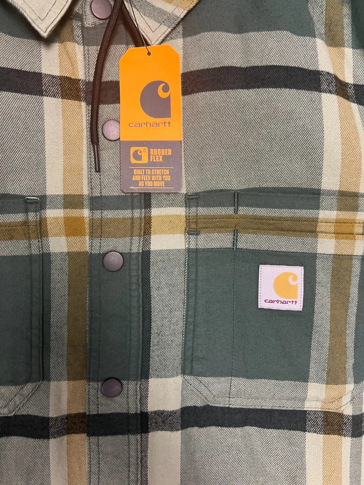 Carhartt Men's Green Shirt Rugged Flex Hooded Plaid Fleece Lined Shacket (S049)