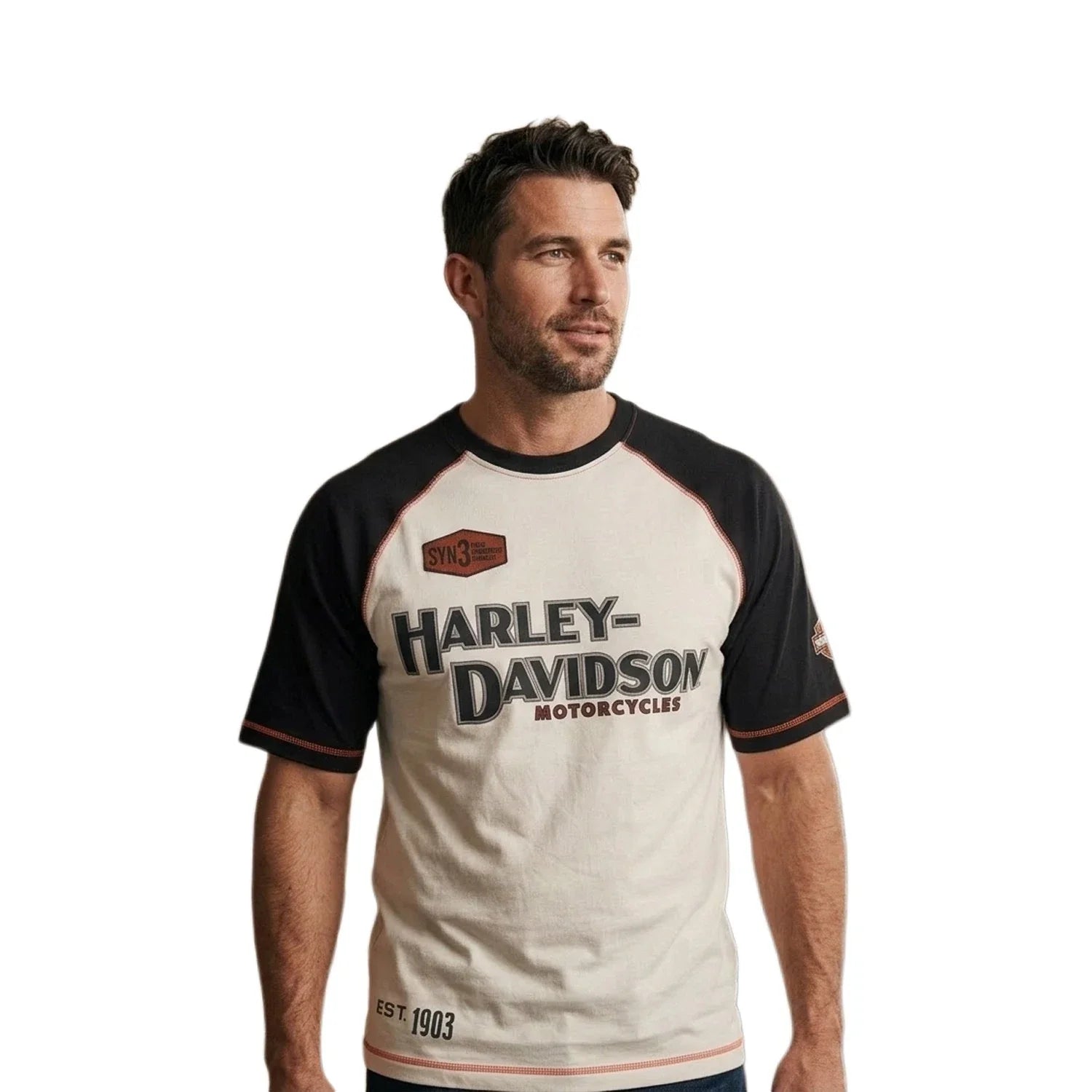 HD Branded Men's T-Shirt White Black Iron Bond Raglan Short Sleeve (S102)