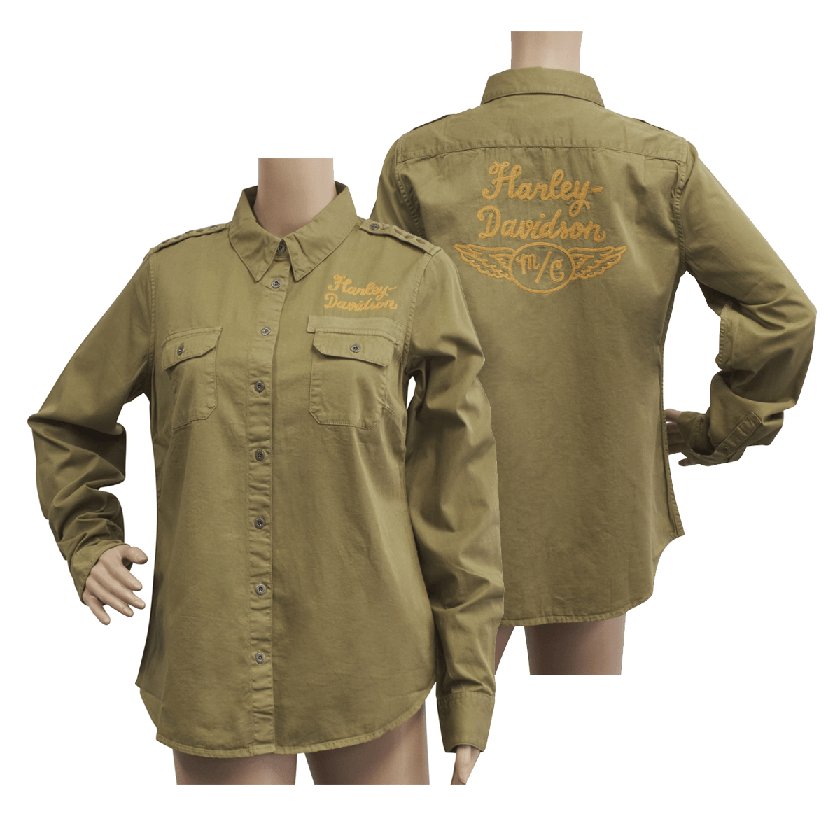HD Branded Women's Olive Green Shoulder Stud Denim L/S Woven Shirt