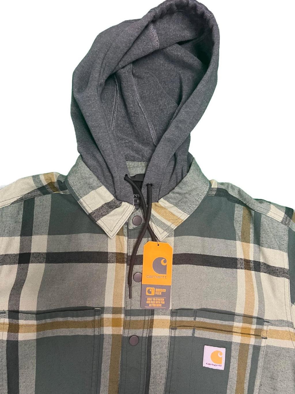 Carhartt Men's Green Shirt Rugged Flex Hooded Plaid Fleece Lined Shacket (S049)