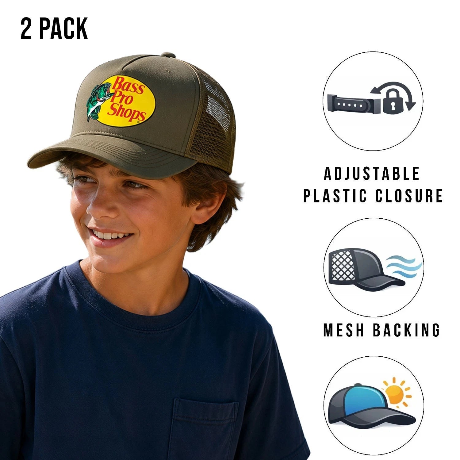 Bass Pro Shops Cap Olive Snapback Outdoor Youth's Trucker Hat- 2 Pack (S20)
