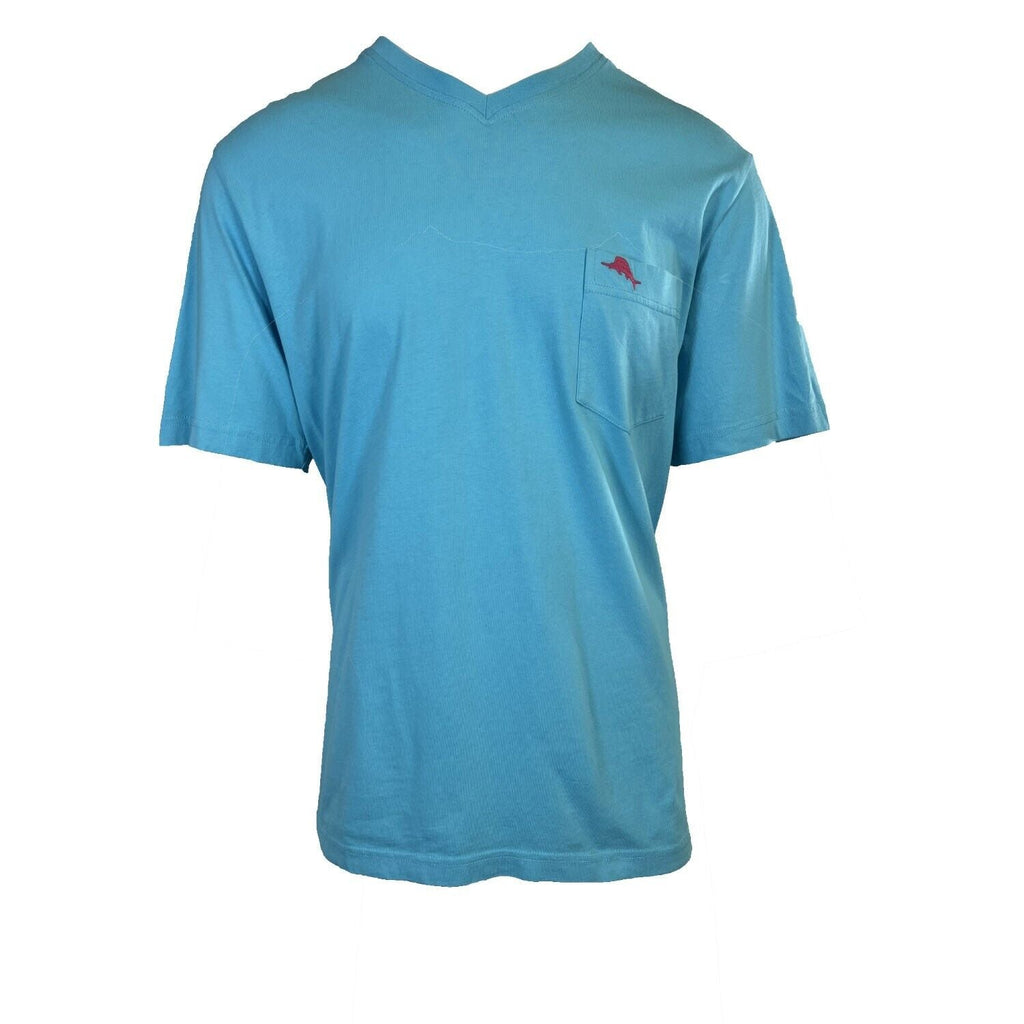 Tommy Bahama Men's Neon Blue T-Shirt V-Neck Bali Skyline Pink Logo Tee (S59)