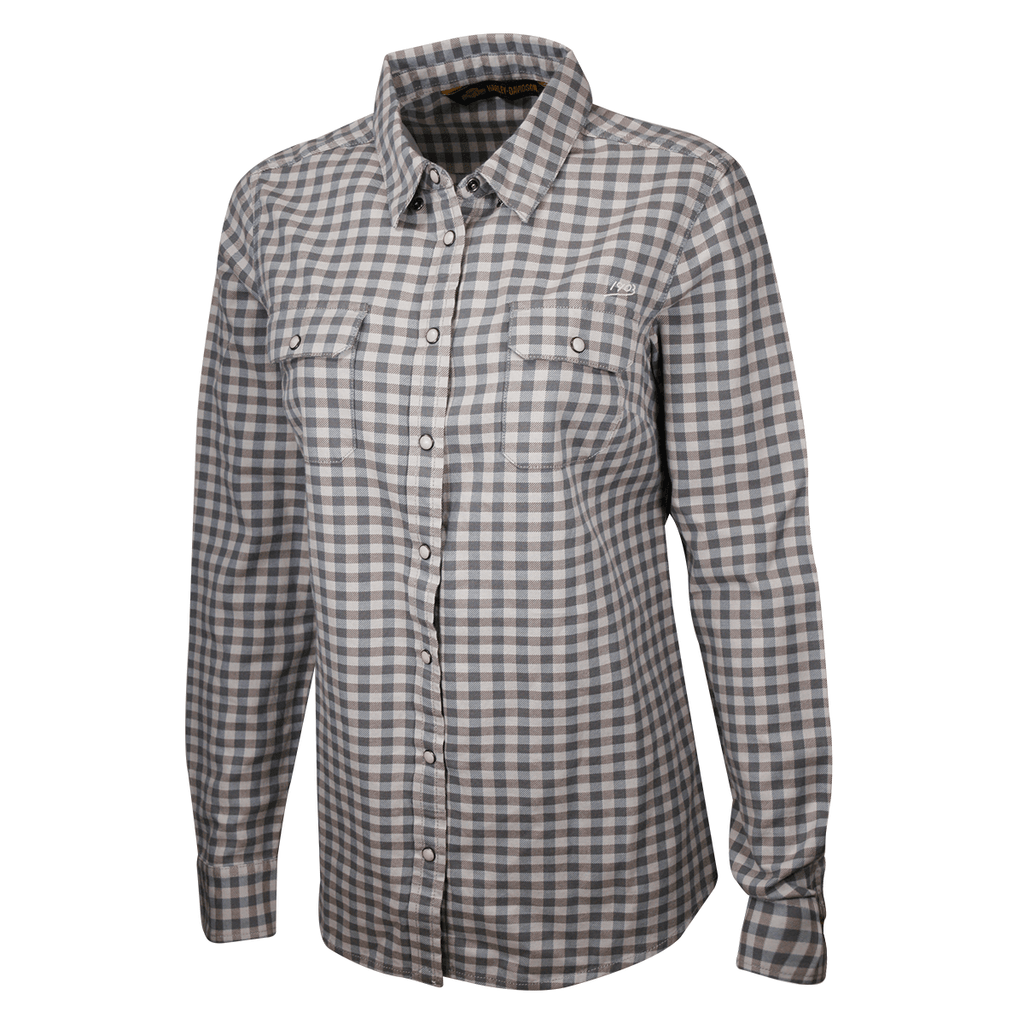 HD Branded Women's Grey Blue Plaid L/S Woven Shirt