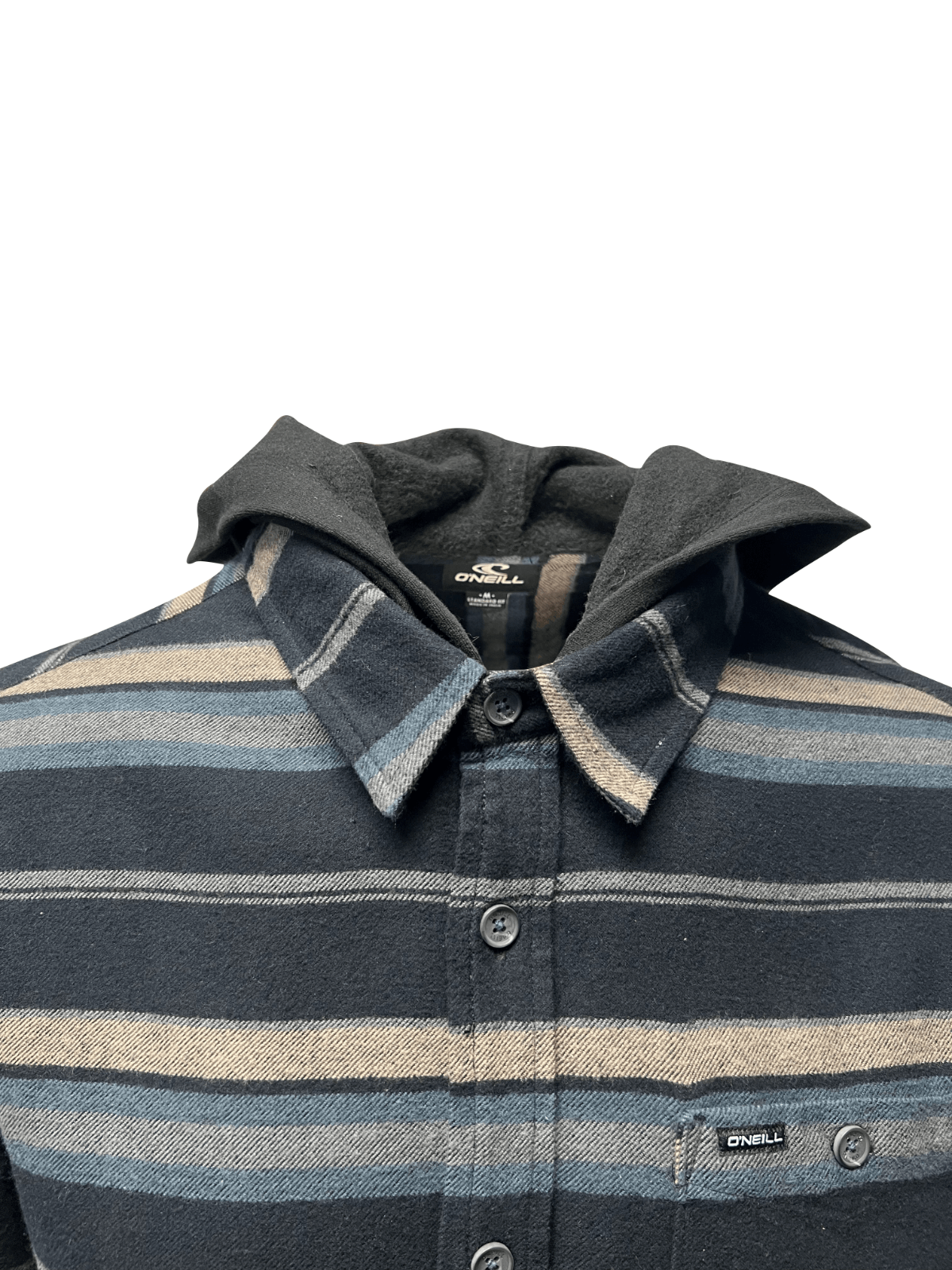 O'Neill Men's Black Flannel Shirt Redmond Hooded Horizontal Striped (S31)
