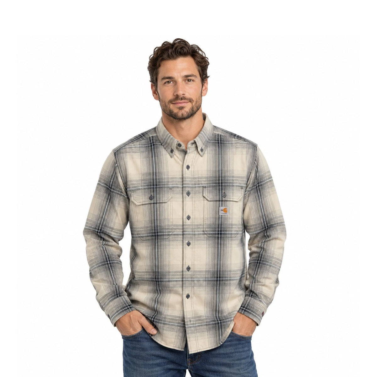 Carhartt FR Men's Light Grey Plaid Shirt -Rugged Flex Work Wear L/S CAT 2 (S372)
