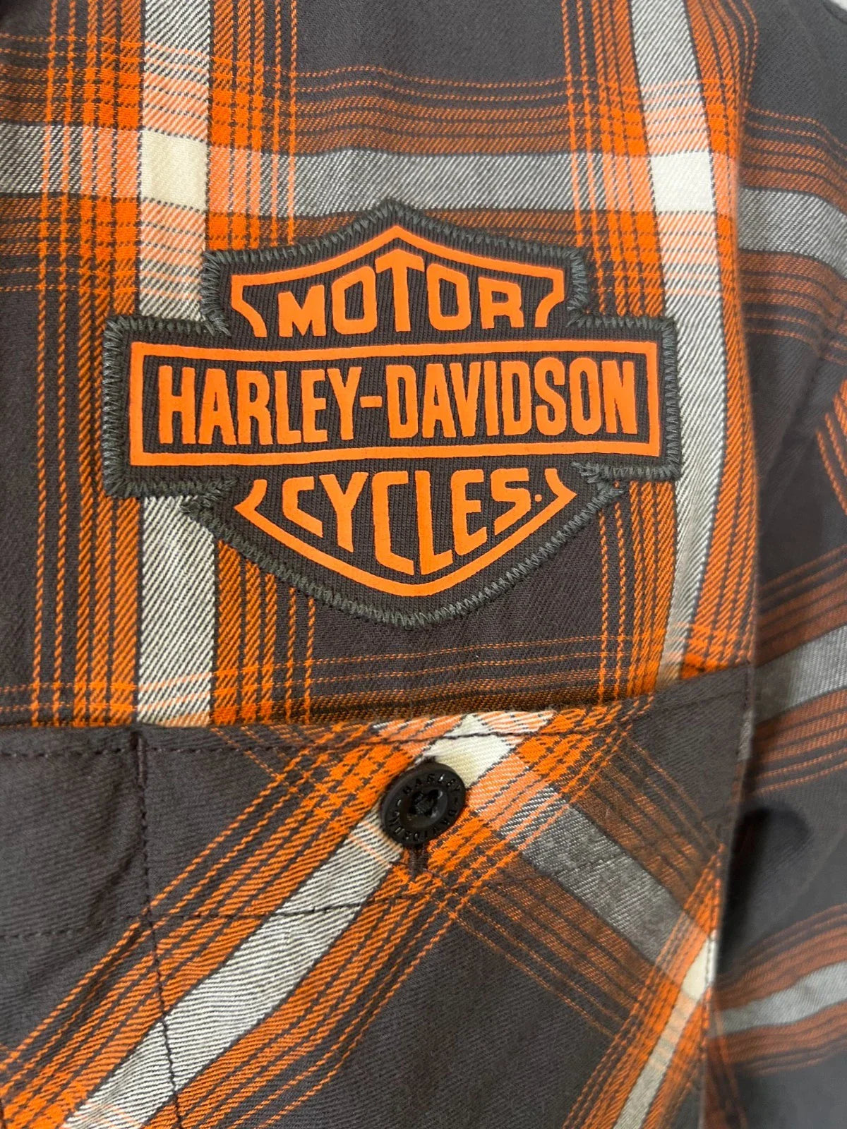 HD Branded  Men's Harley Orange Plaid Shirt Bar & Shield Staple S/S (344)