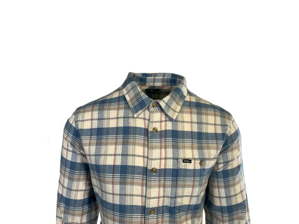 O'Neill Men's Cream Khaki Blue Shirt Redmond Plaid Stretch Flannel L/S (S34)