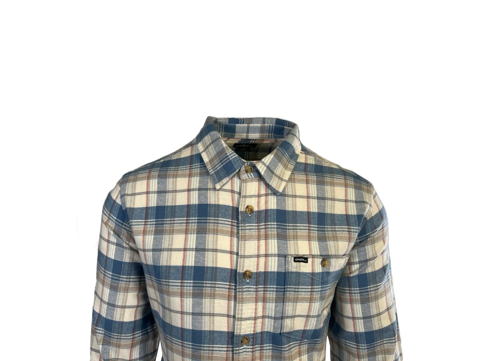 O'Neill Men's Cream Khaki Blue Shirt Redmond Plaid Stretch Flannel L/S (S34)