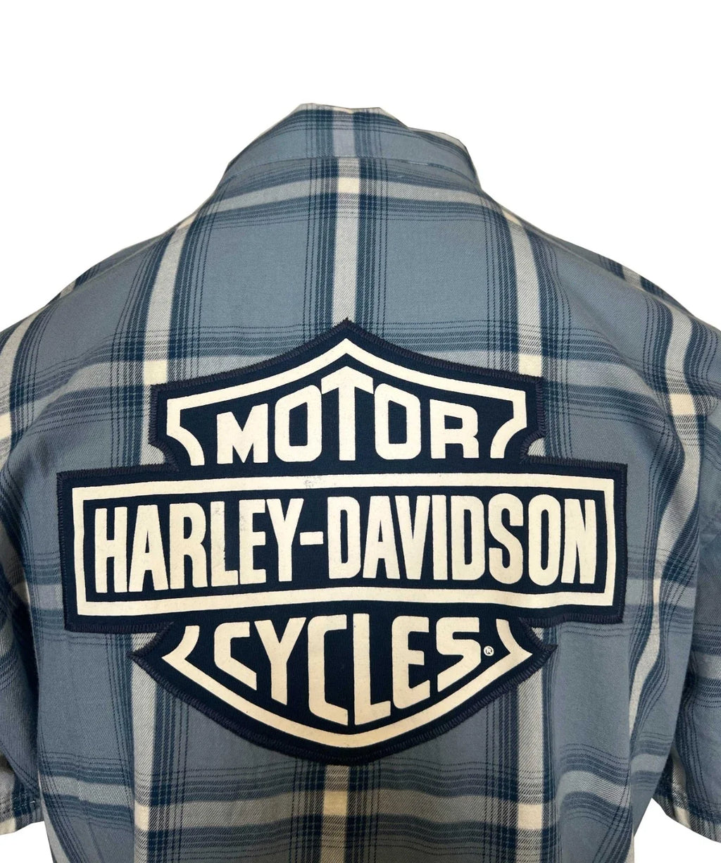 HD Branded  Men's Blue Plaid Shirt Bar & Shield Staple Short Sleeve (342)