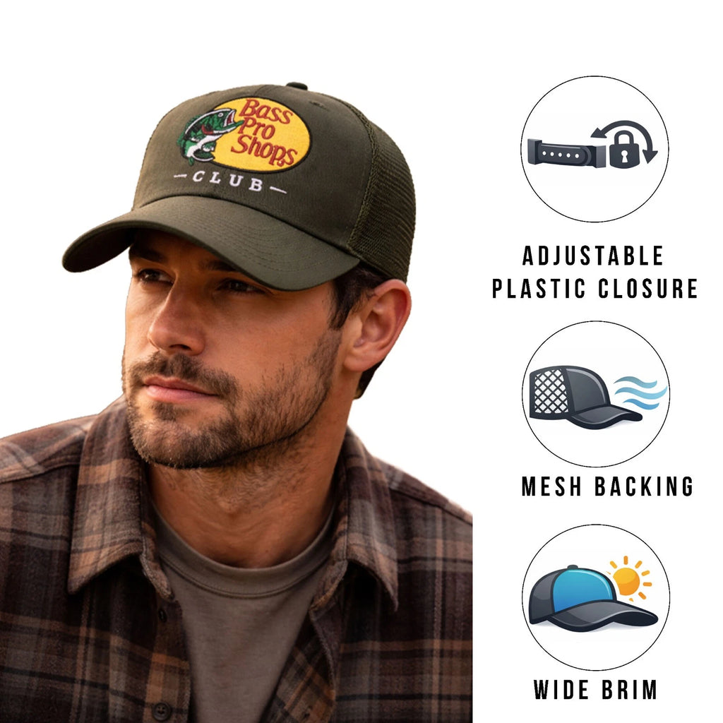 Bass Pro Shops Club Cap Olive Mesh Snapback Outdoor Trucker Hat- 2 Pack (S16)