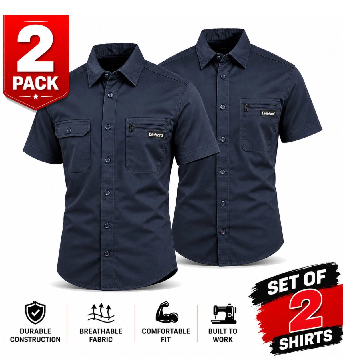 DieHard Men's Navy Blazer Shirt Work Twill Resists Short Sleeve - 2 PACK