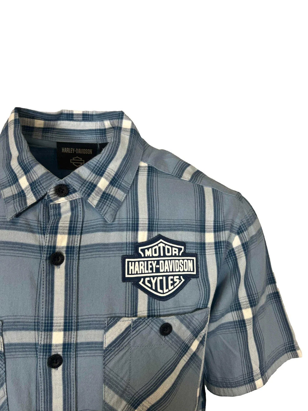HD Branded  Men's Blue Plaid Shirt Bar & Shield Staple Short Sleeve (342)