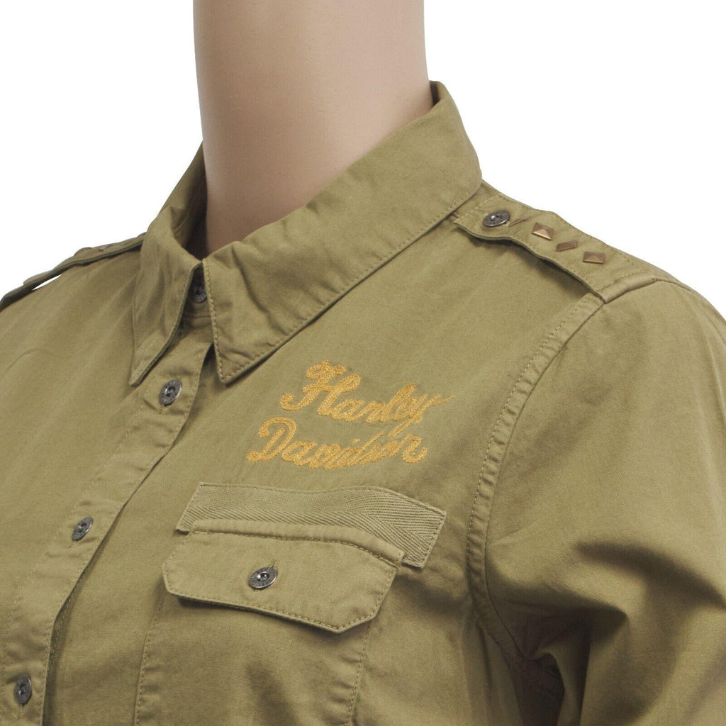 HD Branded Women's Olive Green Shoulder Stud Denim L/S Woven Shirt