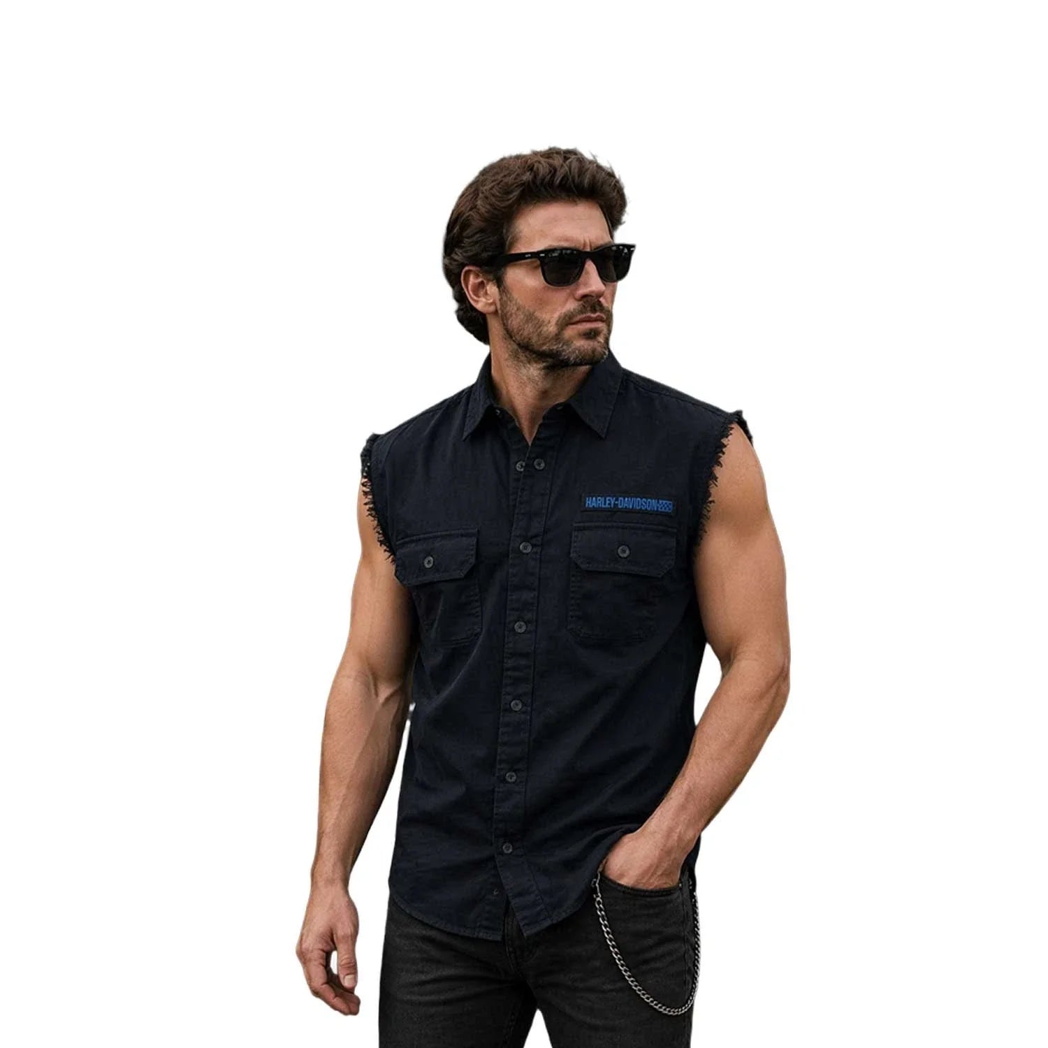 HD Branded  Men's Black Vest Racing Logo Patch Sleeveless Shirt (S69)