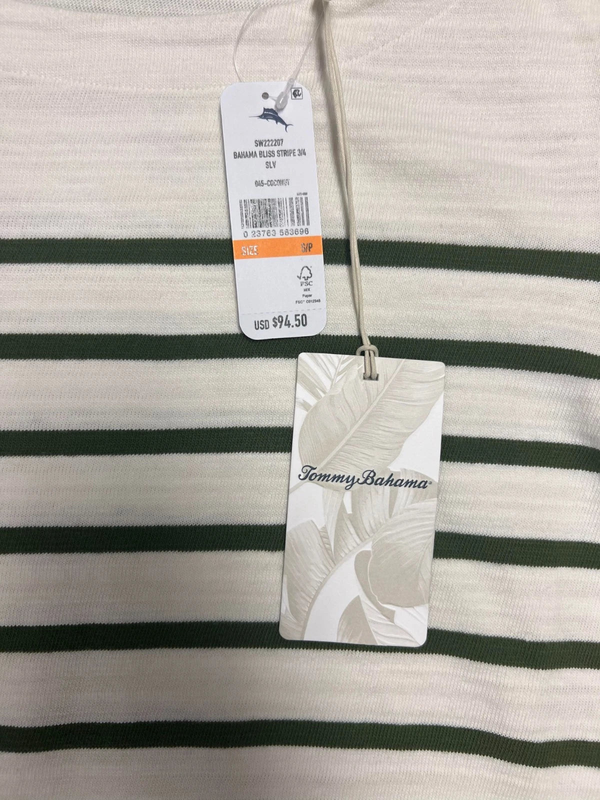 Tommy Bahama Women's White Top Bliss Stripe 3/4-Sleeve Coconut (S11)