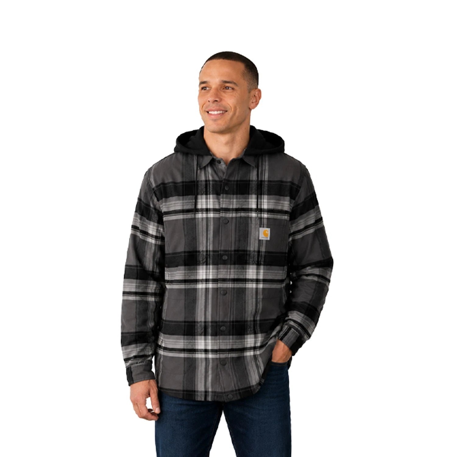 Carhartt Men's Black Gray Shirt Hooded Plaid Fleece Lined Shacket (S047)